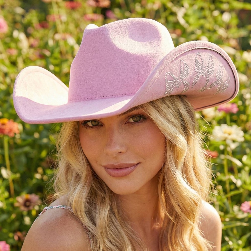 Rhinestone Ribbon Bow Embroidered Cowboy Hat