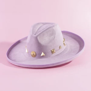Wide Brim Suede Hat With Gold Charm Pin Detail