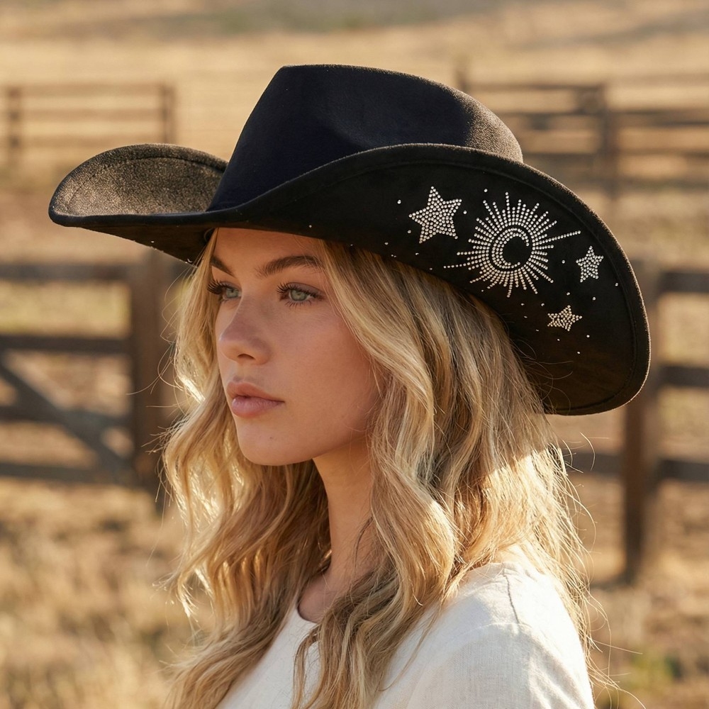 Rhinestone Moon And Star Embroidered Cowboy Hat