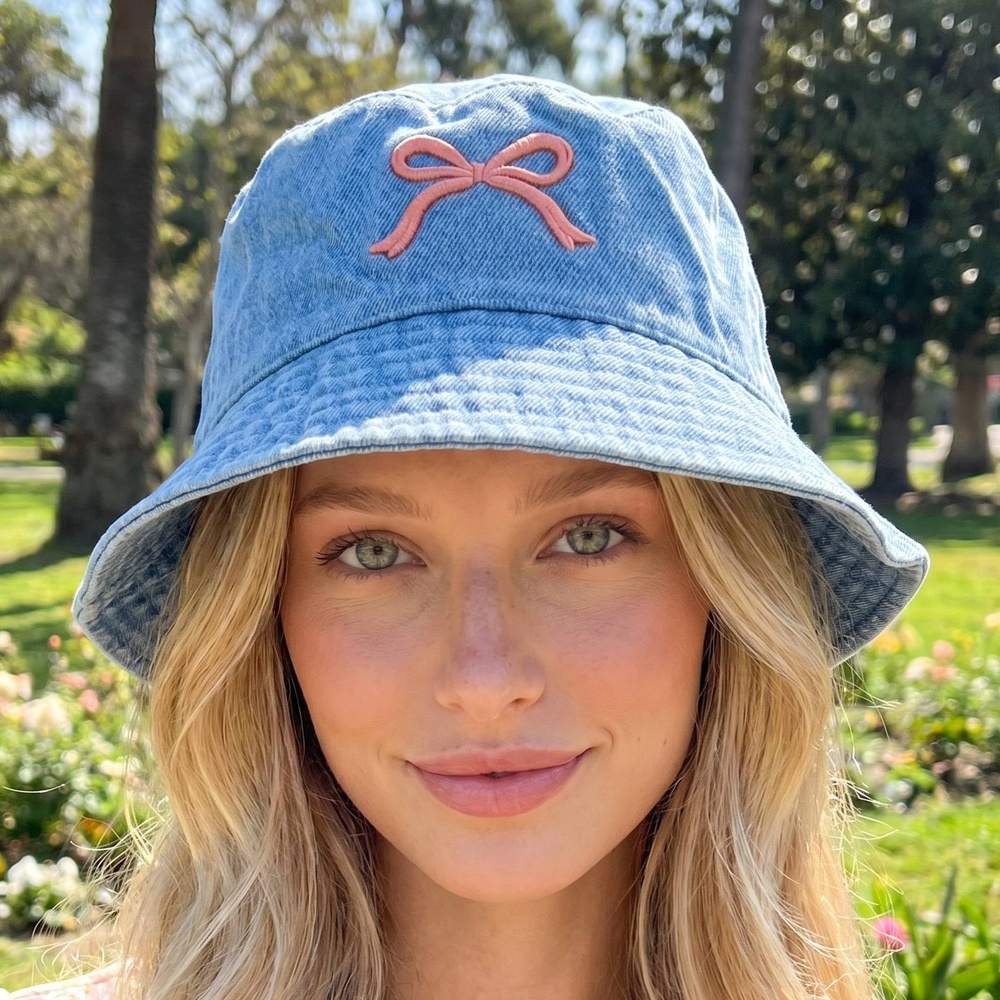 Denim Bucket Hat With Embroidered Bow