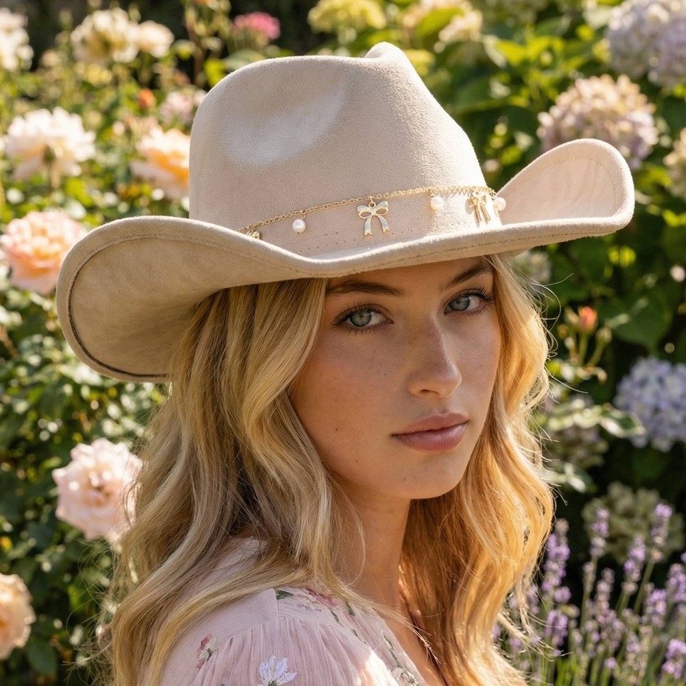 Ribbon Bow Pearl Chain Cowboy Hat