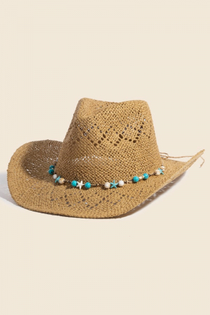 Turquoise And Shell Star Beads Strap Western Straw Hat