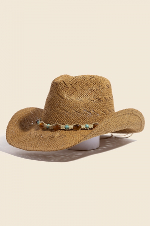Mixed Beaded And Rope Western Fedora Straw Hat