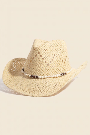 Mixed Beaded Strap Western Fedora Straw Hat