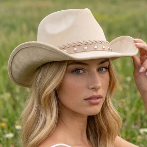 Braided And Studded Strap Faux Suede Cowboy Hat
