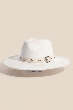 Heart Buckle Grommet Strap Suede Fedora Hat