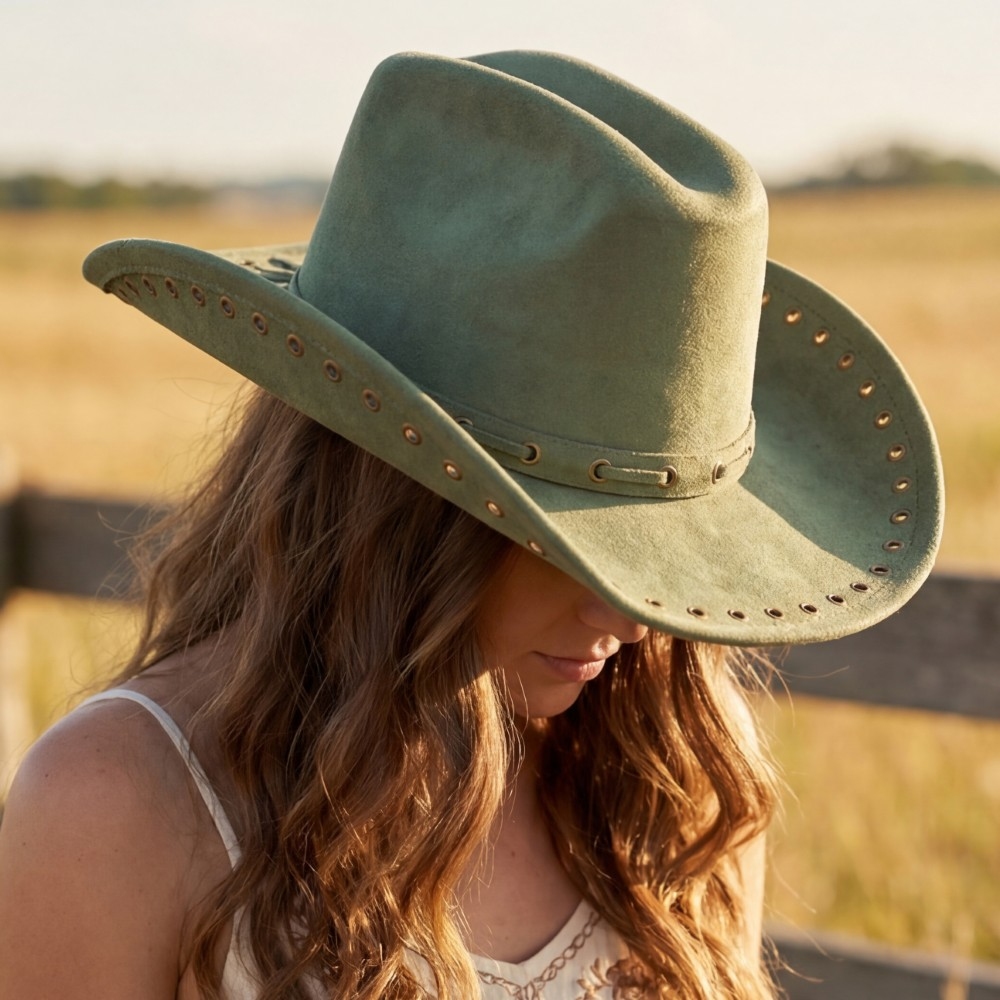 Grommet Brim Faux Suede Cowboy Hat