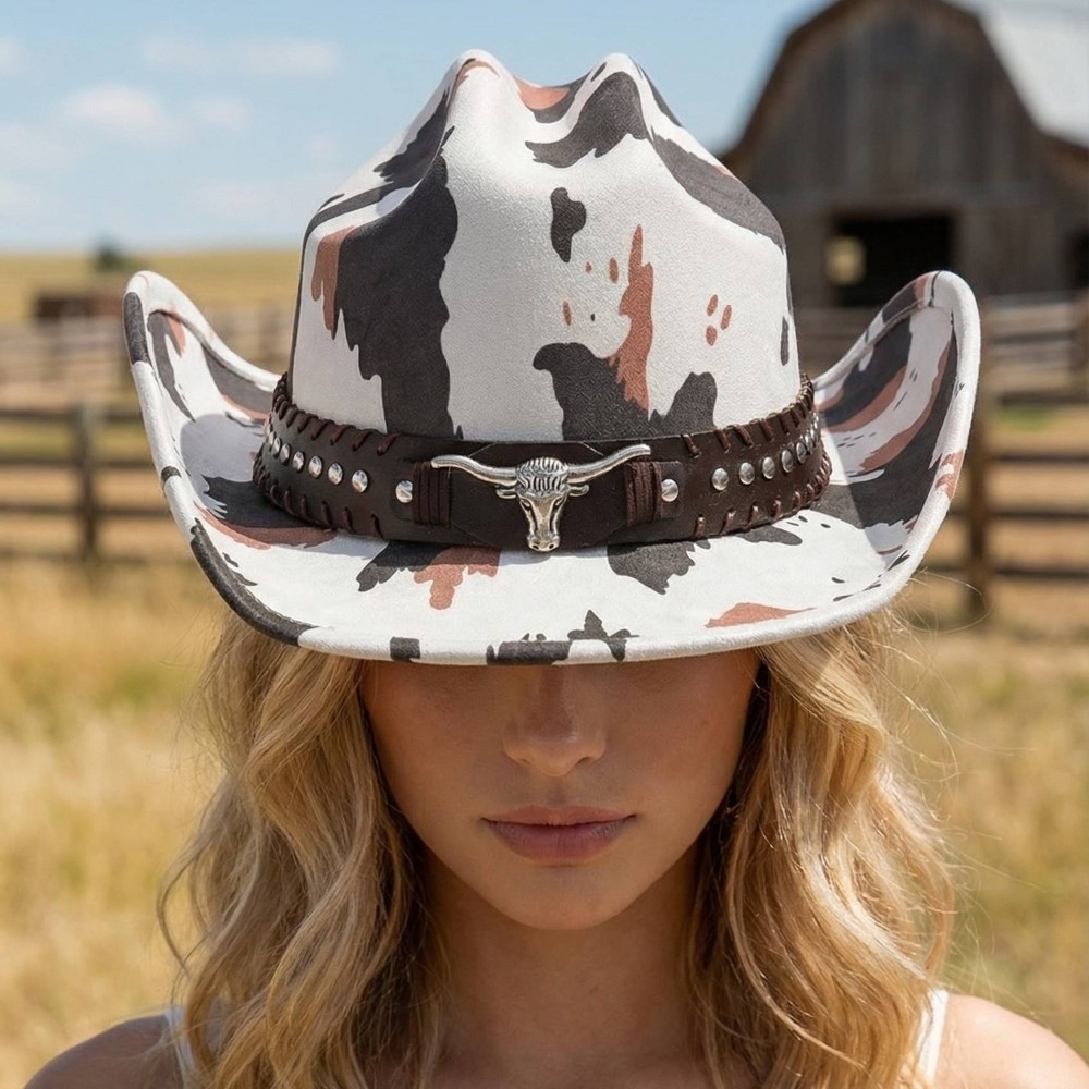 Western Bull Head Strap Cow Print Cowboy Hat