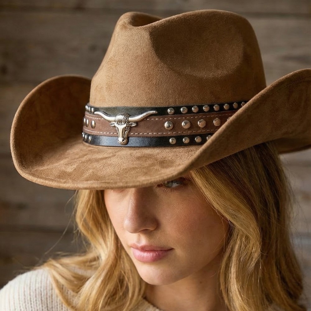 Layered Western Bull Head Strap Cowboy Hat