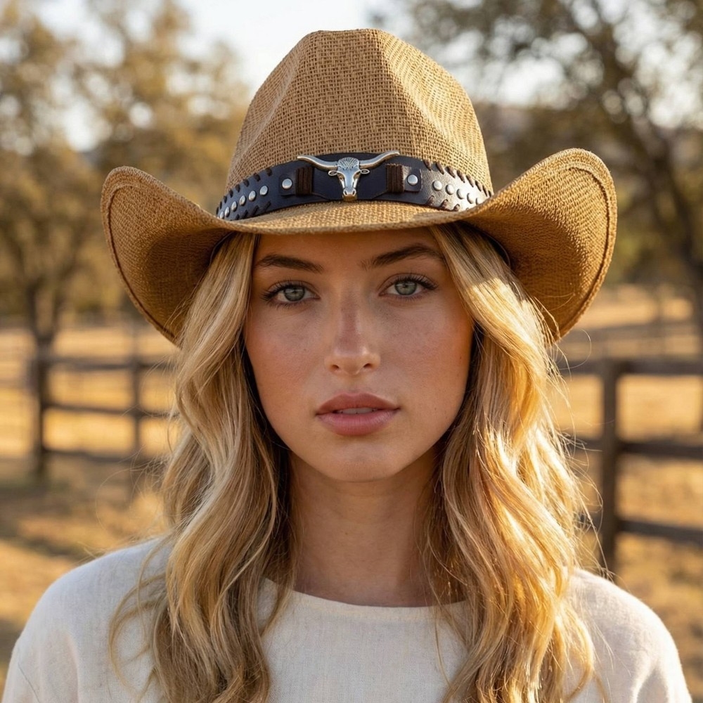 Studded Bull Head Strap Straw Western Cowboy Hat
