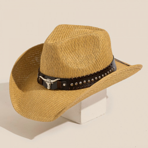 Studded Bull Head Strap Straw Western Cowboy Hat