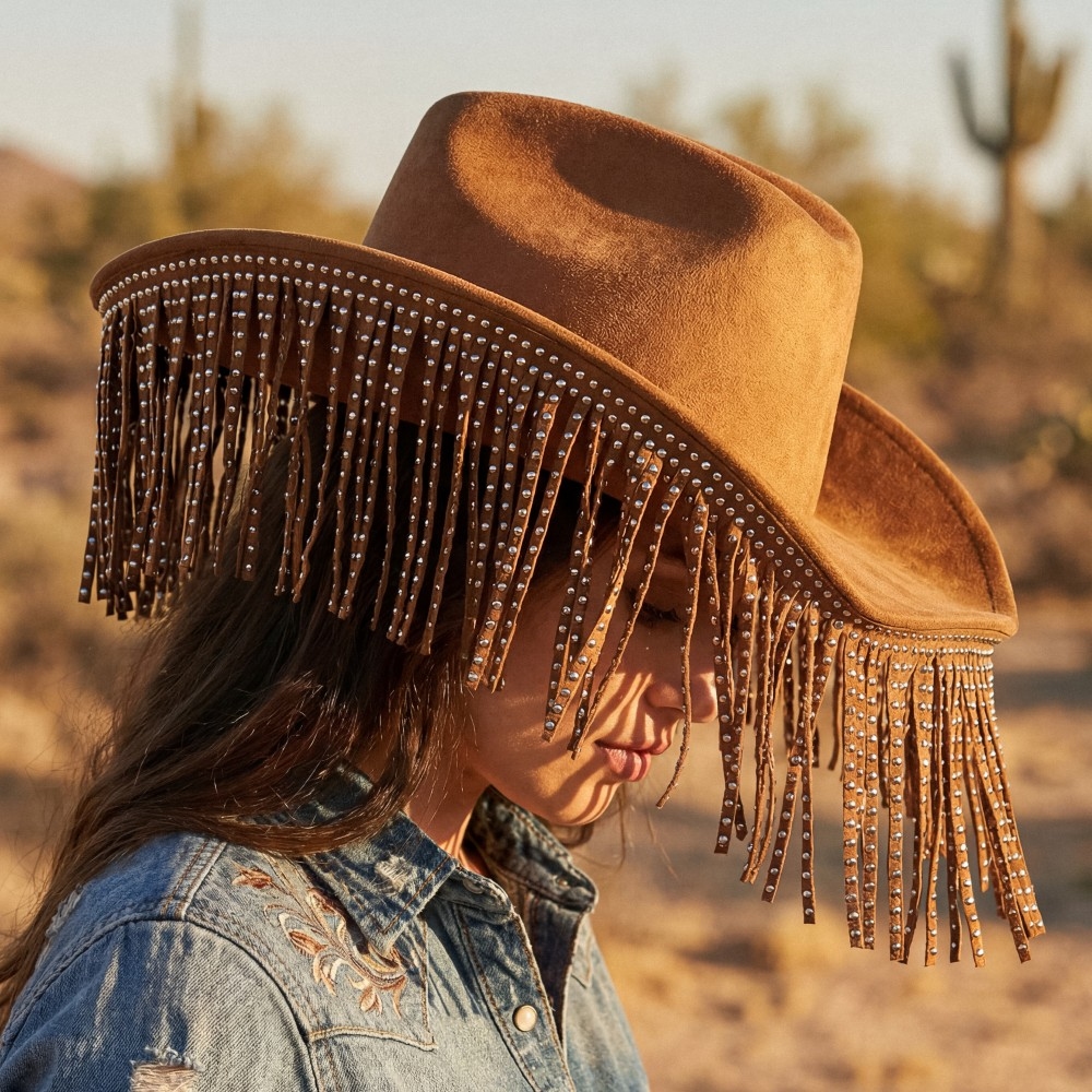 Studded Fringe Trim Western Cowboy Hat