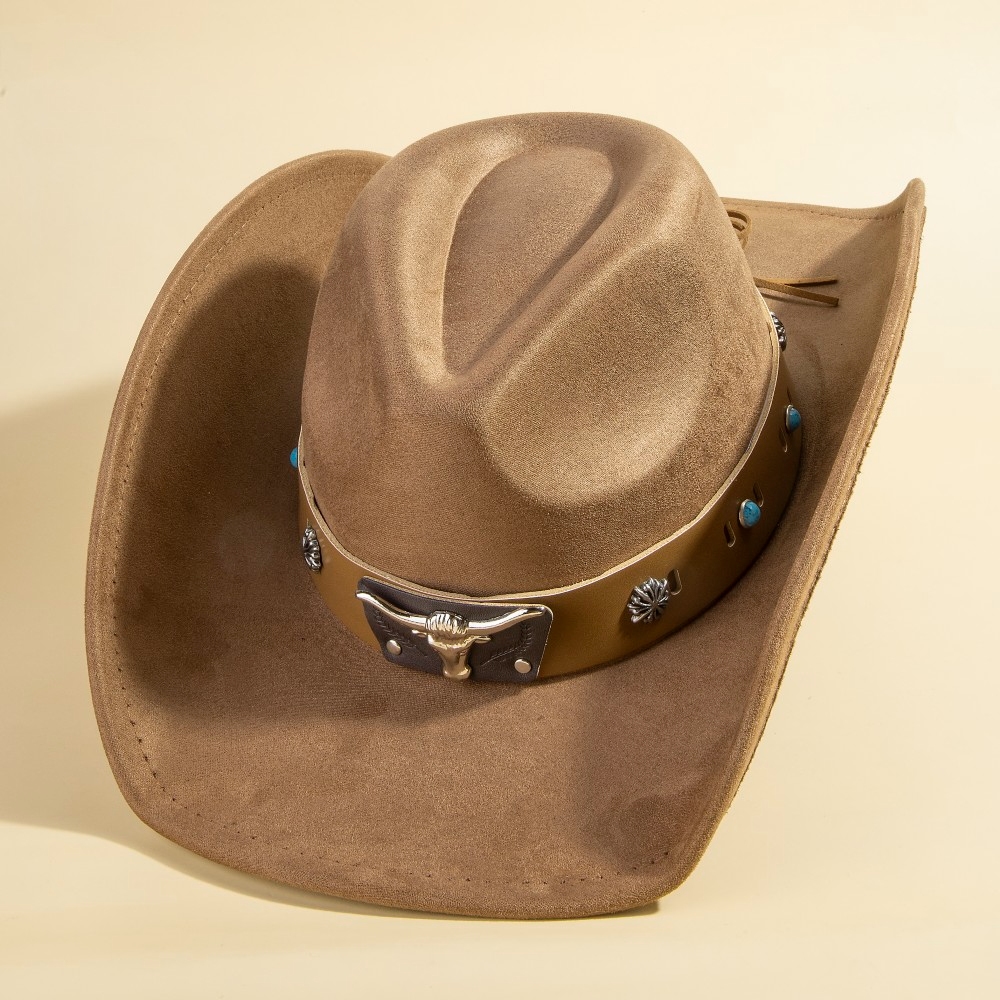 Western Bull Head Concho Accent Leather Strap Suede Cowboy Hat