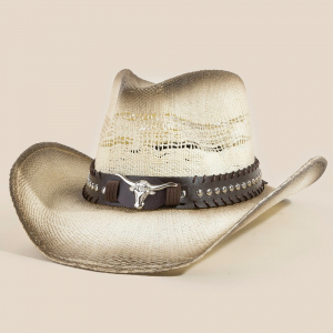 Western Long Horn Strap Straw Cowboy Hat