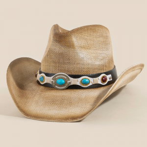 Western Turquoise Stone Strap Straw Cowboy Hat