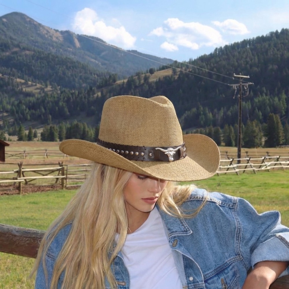 Western Long Horn Belt Strap Straw Cowboy Hat