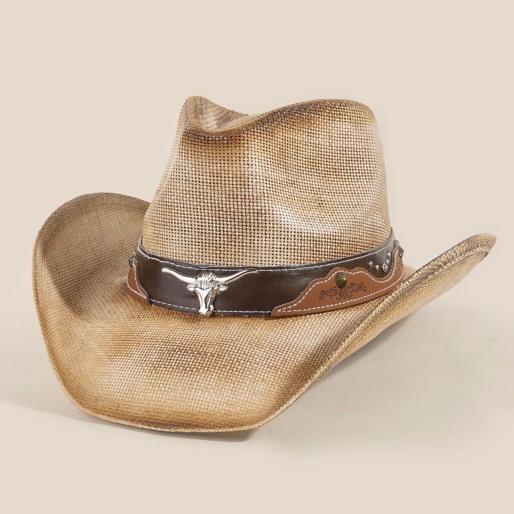 Western Long Horn Strap Trim Straw Cowboy Hat