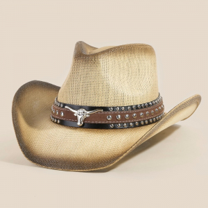 Western Long Horn Studded Strap Straw Cowboy Hat
