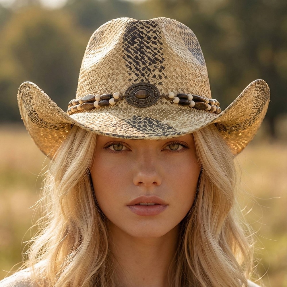 Western Straw Braided Beaded Strap Cowboy Hat