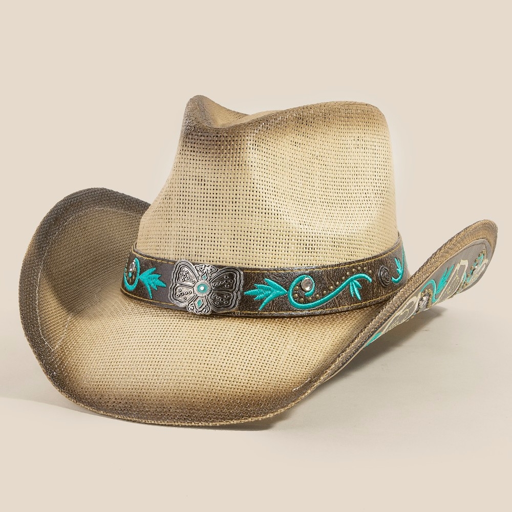 Western Butterfly Concho Detail Straw Cowboy Hat