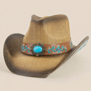 Western Straw Turquoise Stone Floral Strap Cowboy Hat