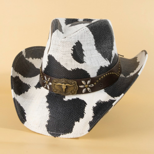 Western Longhorn Flower Belt Cowhide Print Cowboy Hat