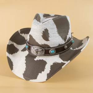 Western Longhorn Concho Belt Cowhide Print Cowboy Hat