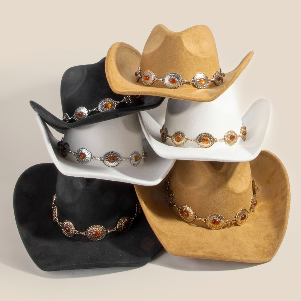 Western Oval Stone Concho Suede Chain-Strap Cowboy Hat