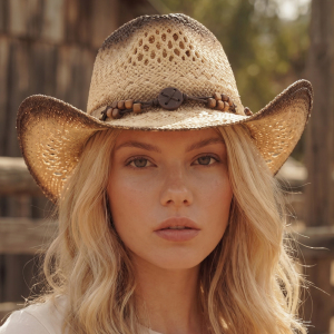 Two Tone Straw Cowboy Hat With Wood Bead Band