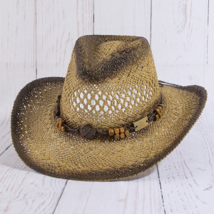 Two Tone Straw Cowboy Hat With Wood Bead Band