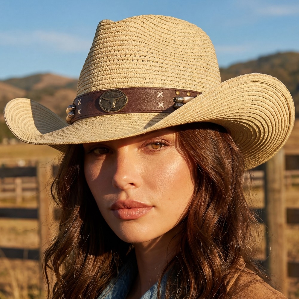 Western Longhorn Strap Straw Cowboy Hat