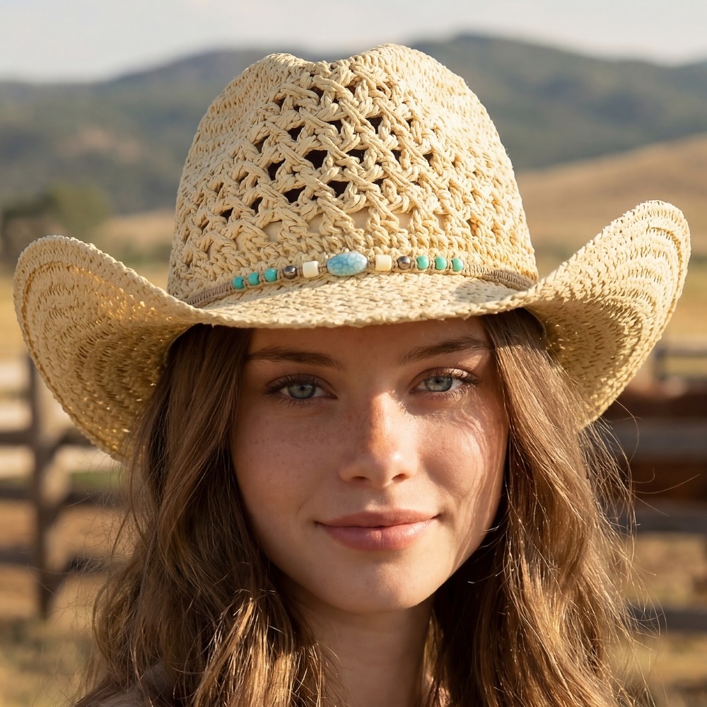Braided Beads Straw Cowboy Hat