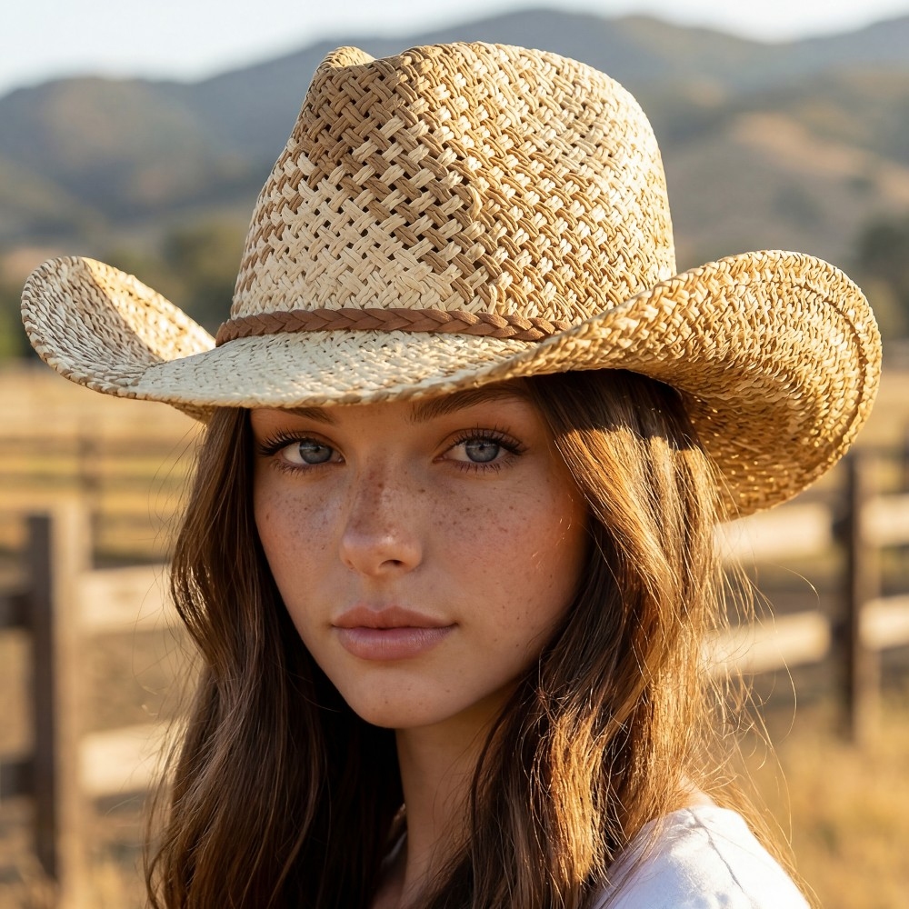 Two Tone Straw Braided Patches Cowboy Hat