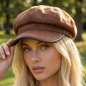 Vegan Leather Trim Newsboy Cabbie Hat