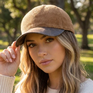 Corduroy Baseball Hat With Vegan Leather Brim