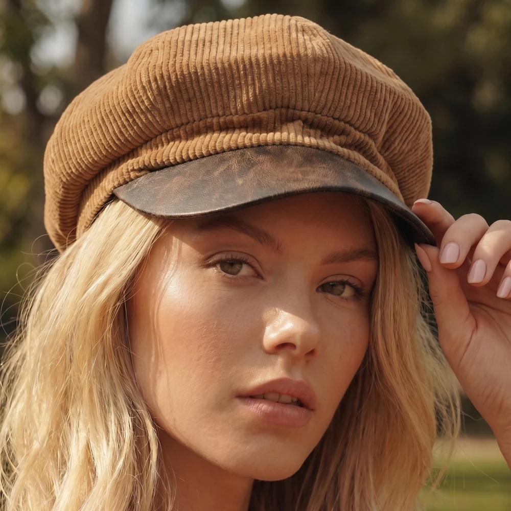 Corduroy Newsboy Hat With Vegan Leather Brim