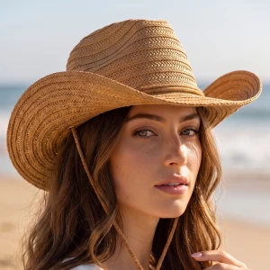 Herringbone Braided Straw Cowboy Hat With Chin Strap