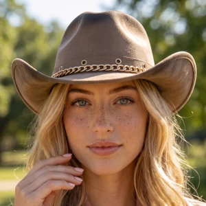 Distressed Chain Band Vegan Suede Cowboy Hat