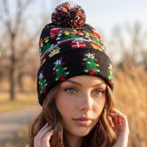 Merry Christmas Stocking Fair Isle Pom Beanie
