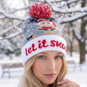Christmas Let It Snow Reindeer Pom Beanie