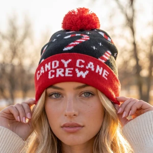 Christmas Candy Cane Crew Pom Beanie