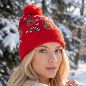 Christmas Reindeer Face Candy Cane Pom Beanie