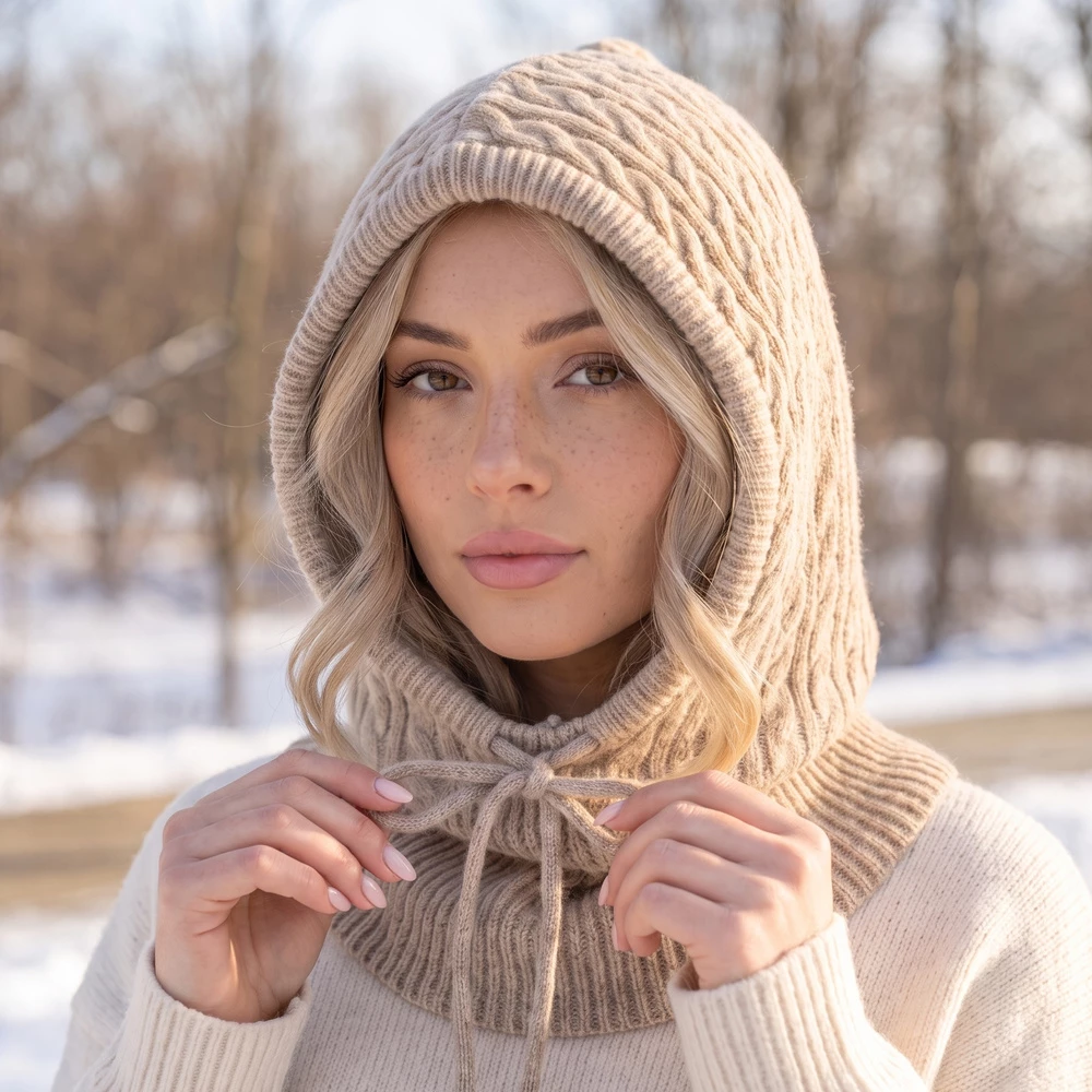 Cable Knit Hooded Balaclava With Tie