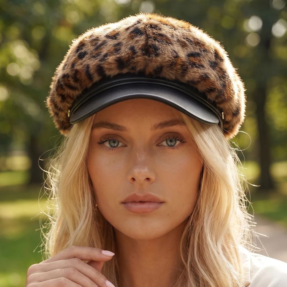 Leopard Print Fur Newsboy Cabbie Hat