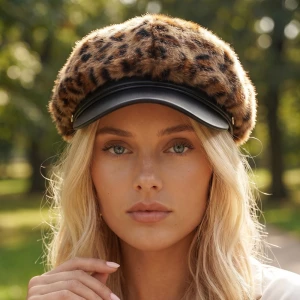 Leopard Print Fur Newsboy Cabbie Hat
