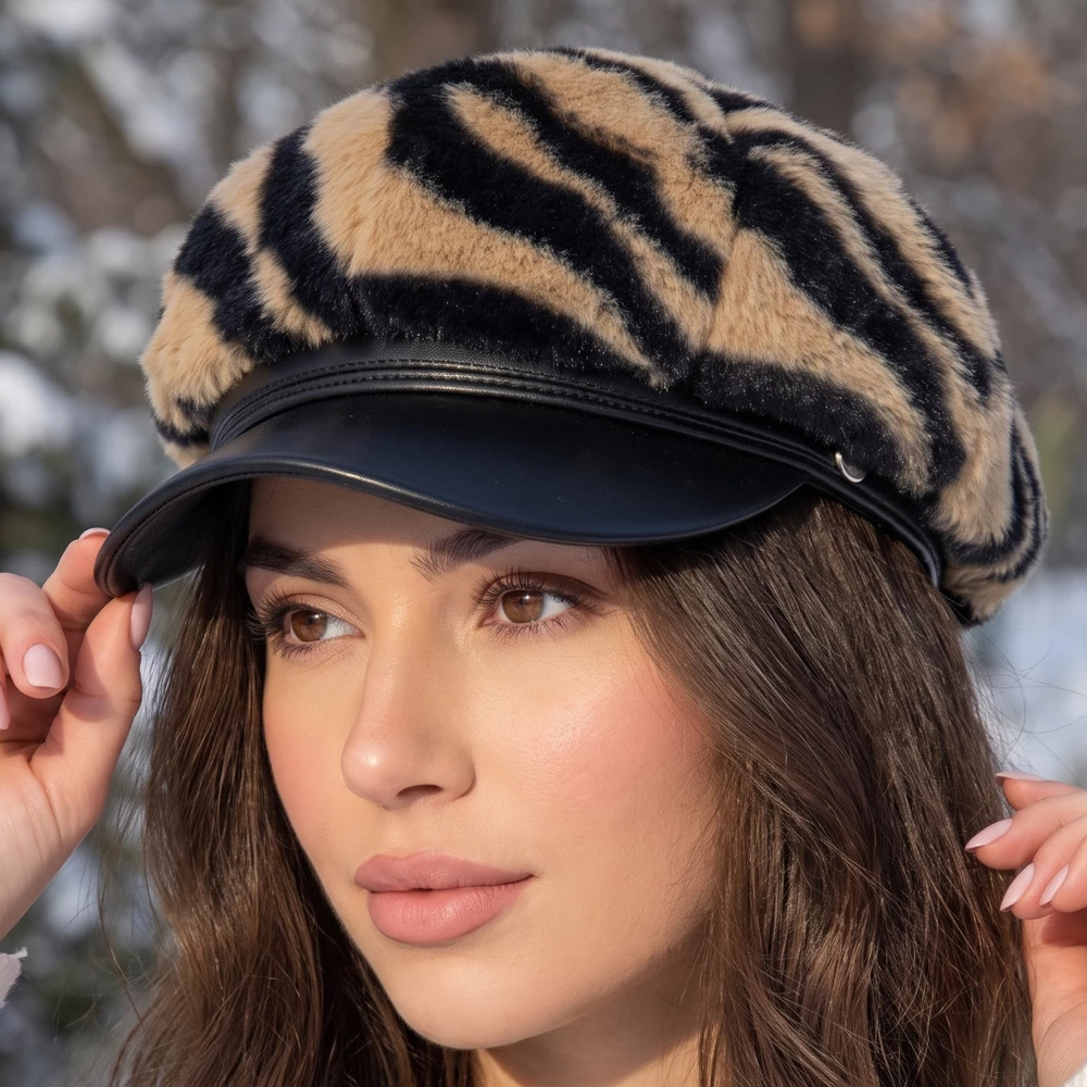 Zebra Stripe Plush Baker Boy Cap