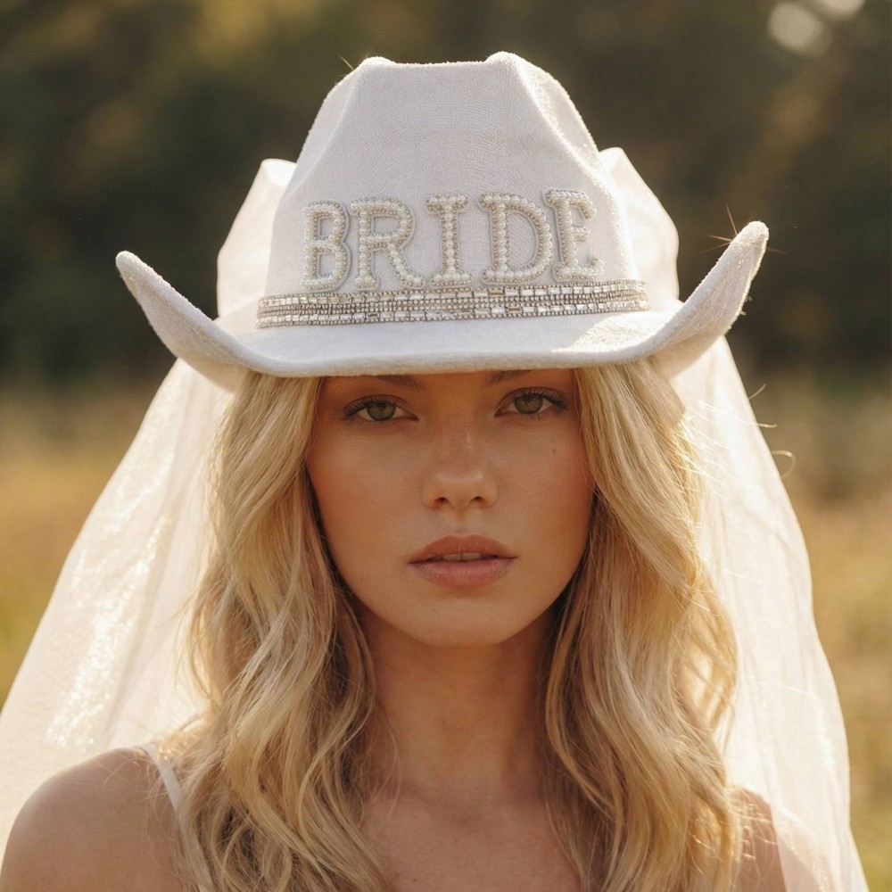 Pearl Rhinestone Stud Ribbon Bride Cowboy Hat