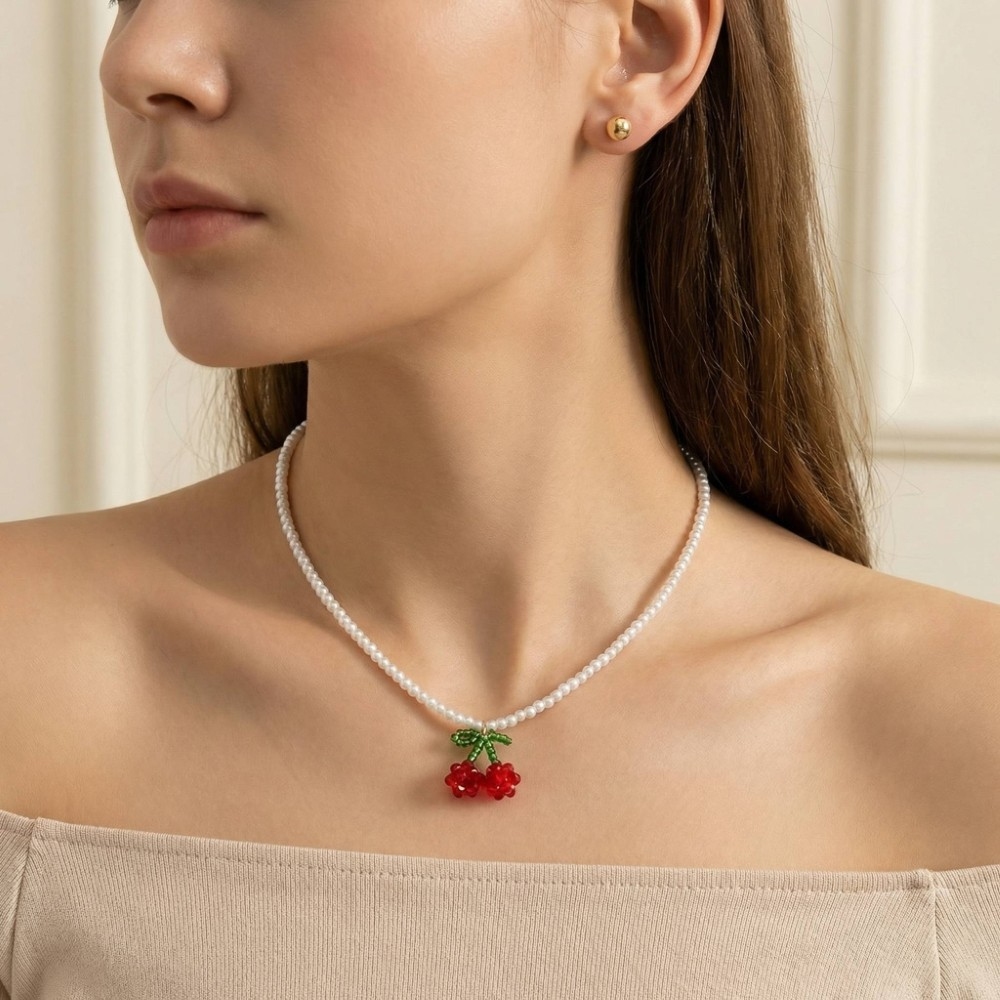 Beaded Cherry Pendant Pearl Beaded Necklace Set