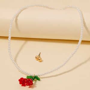 Beaded Cherry Pendant Pearl Beaded Necklace Set