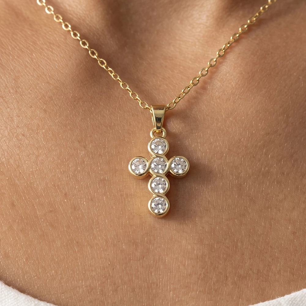 Gold Dipped Cz Cross Pendant Necklace